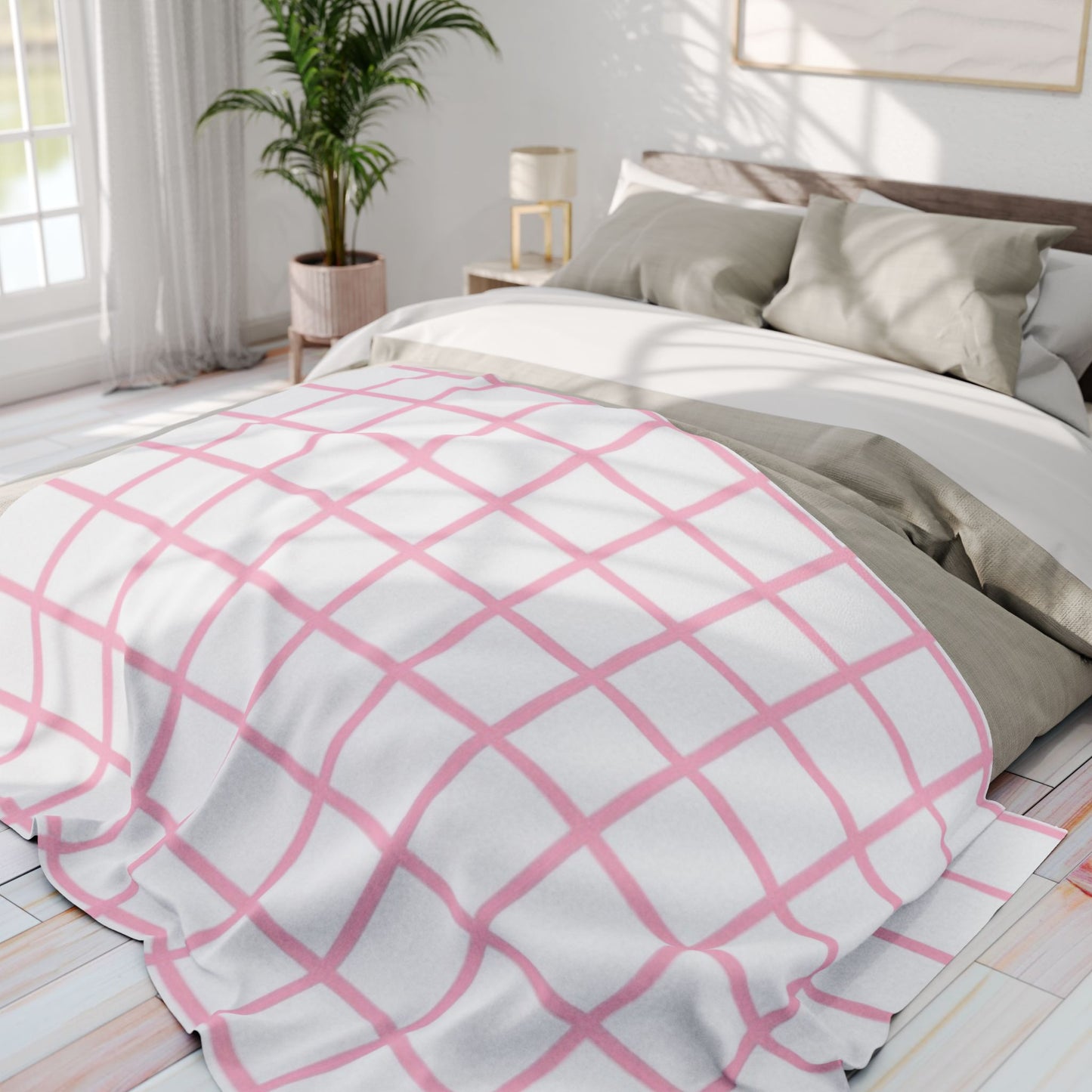 White Blanket with Pink Lines by Lofi Cute Kitties - Soft Arctic Fleece