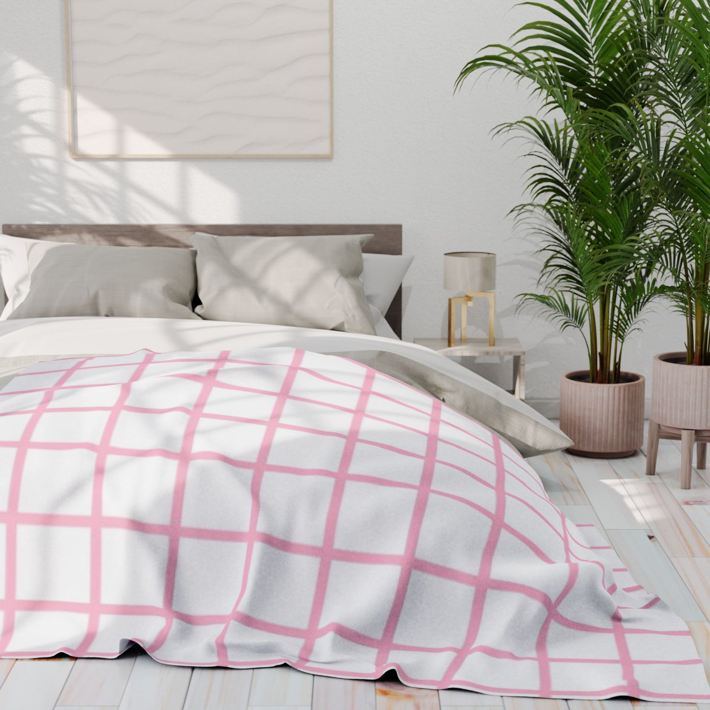 White Blanket with Pink Lines by Lofi Cute Kitties - Soft Arctic Fleece