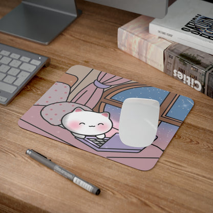 Cute White Kitty Relaxing on Bed - Rectangular Rubber Base Desk Mouse Pad