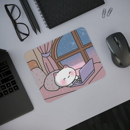 Cute White Kitty Relaxing on Bed - Rectangular Rubber Base Desk Mouse Pad