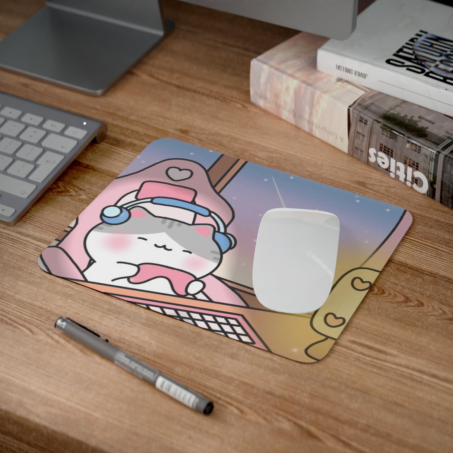 Cute Grey Kitty on Gamming Chair - Rectangular Rubber Base Desk Mouse Pad