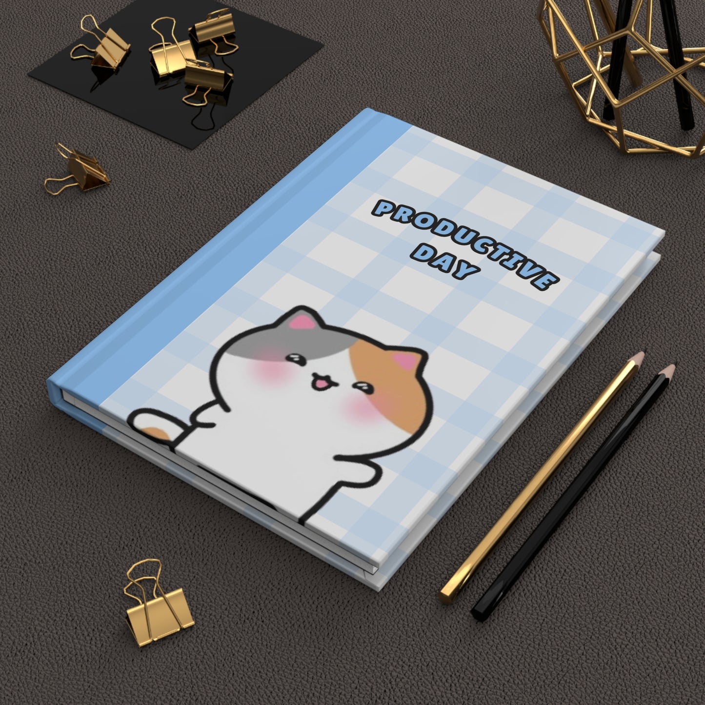 Productive Day - Blue Checkered Hardcover Journal Lined Pages | Pudding Kitties