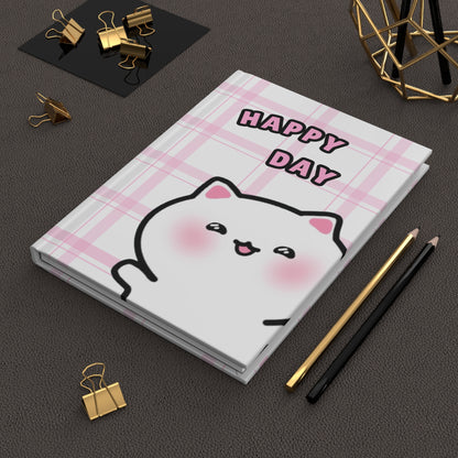 Happy Day - Pink Checkered Hardcover Journal Lined Pages | Pudding Kitties