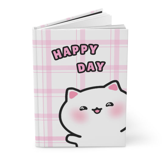 Happy Day - Pink Checkered Hardcover Journal Lined Pages | Pudding Kitties