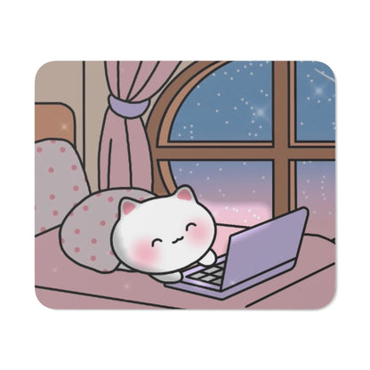 Cute White Kitty Relaxing on Bed - Rectangular Rubber Base Desk Mouse Pad